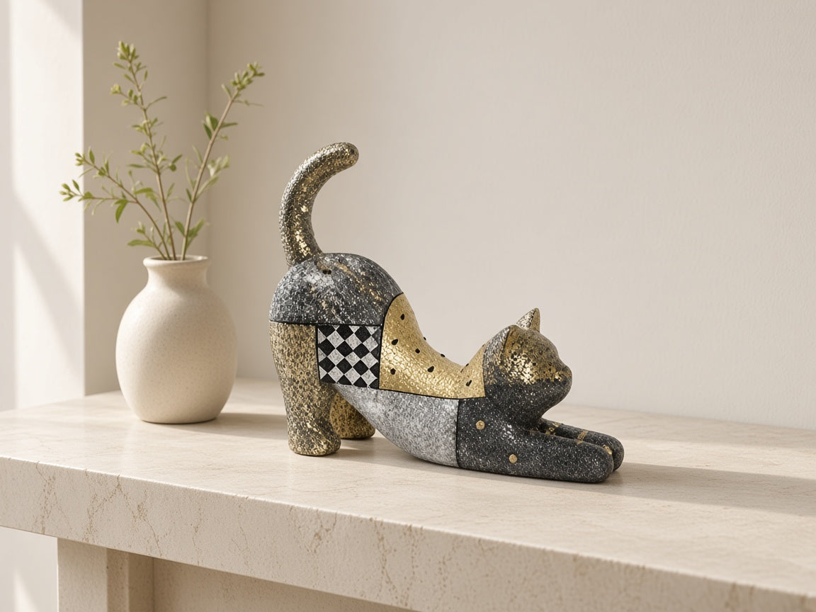 Gilt Sprig Stretching Cat on a limestone console