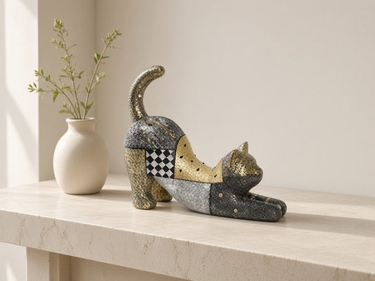 Gilt Sprig Stretching Cat on a limestone console