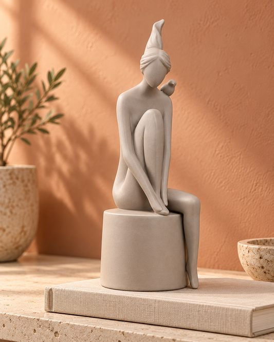 Quiet Bird Figure, Small in Frappe ceramic, with a bird at her shoulder.