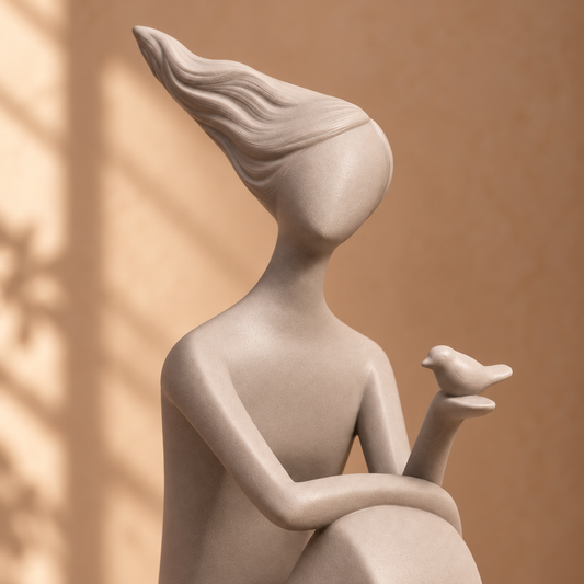 Close view of Quiet Bird Figure, Tall, showing her swept hair and bird in Frappe ceramic.