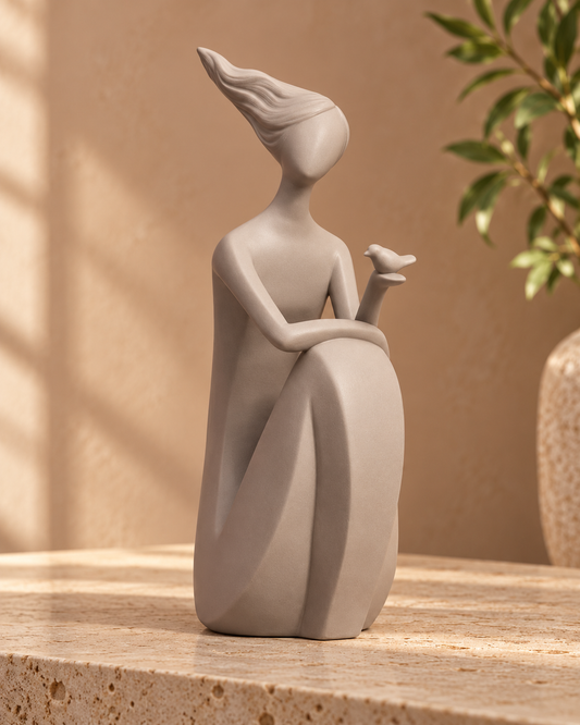 Quiet Bird Figure, Tall in Frappe ceramic, with a bird held beside her face.
