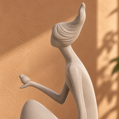 Close view of the Renaissance Bird Whisperer Lady's sculpted hair and bird, in Frappe ceramic.
