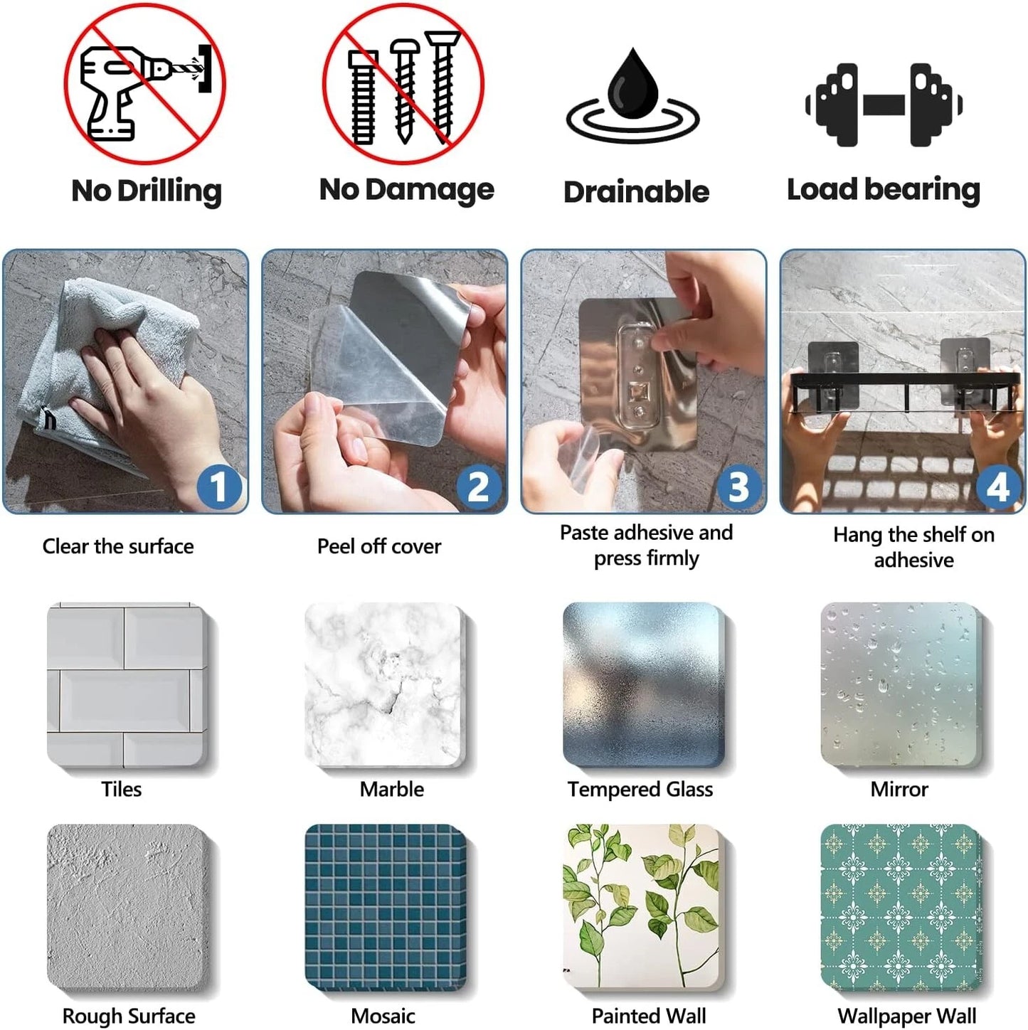 Aluminium Bathroom Shelf Pack of 2 | No-Drill Self-Adhesive Wall Rack