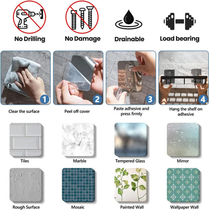 Aluminium Bathroom Shelf Pack of 2 | No-Drill Self-Adhesive Wall Rack