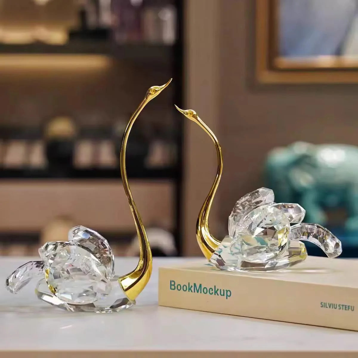 Metal & Crystal Swan Showpiece, set of 2