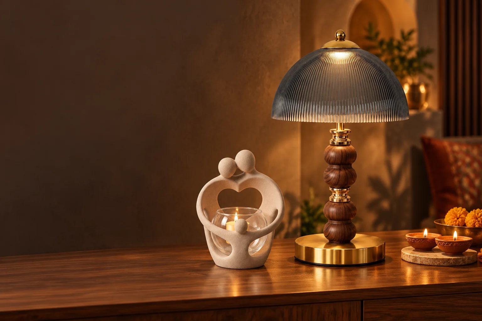 Smoked dome lamp and Family Embrace ceramic tealight holder in a warm Diwali setting